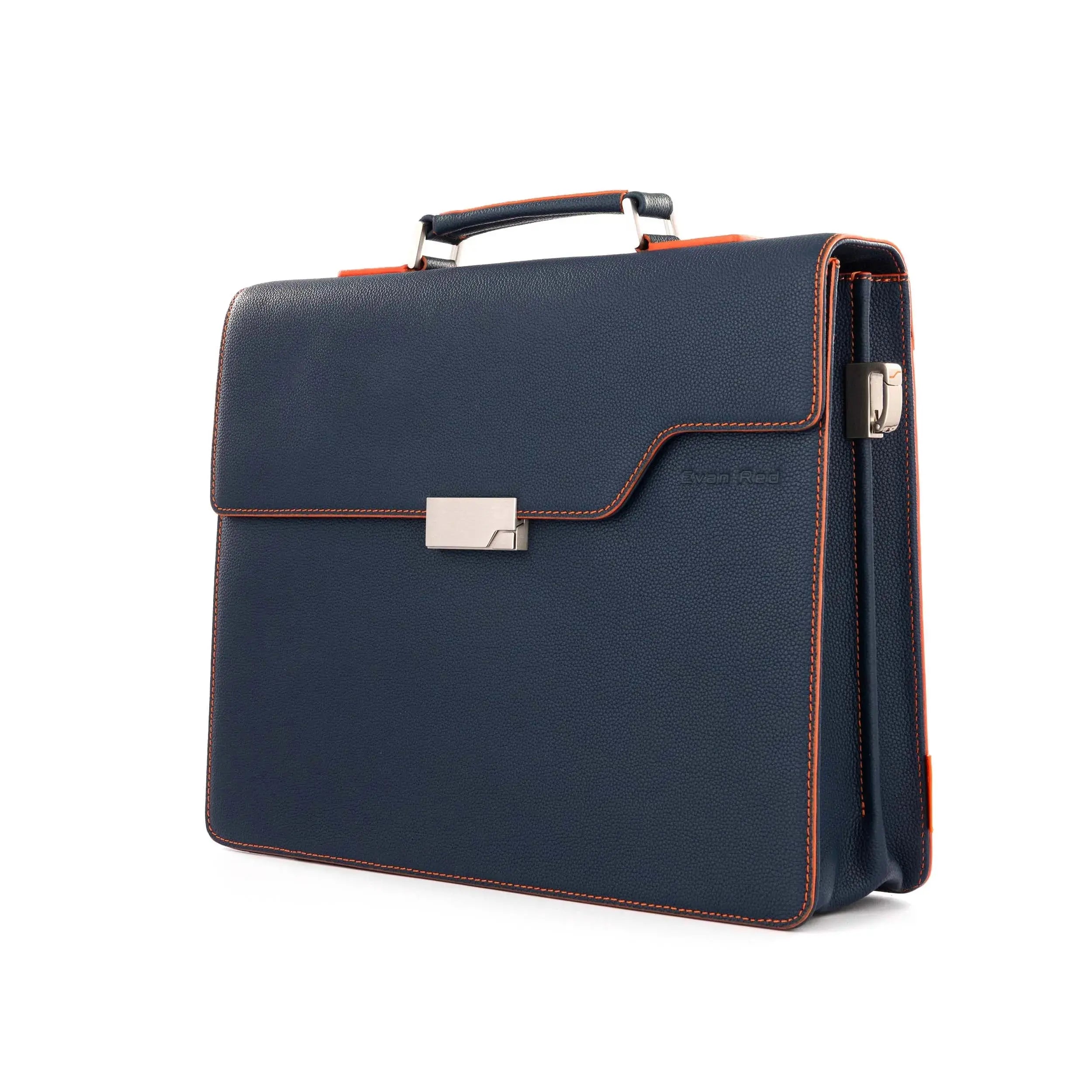 Petrol Blue Leather Briefcase Evan Red